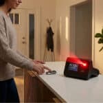 Homeowner using a portable home security system inside a modern living space, illustrating flexible protection for renters, homeowners, and travelers