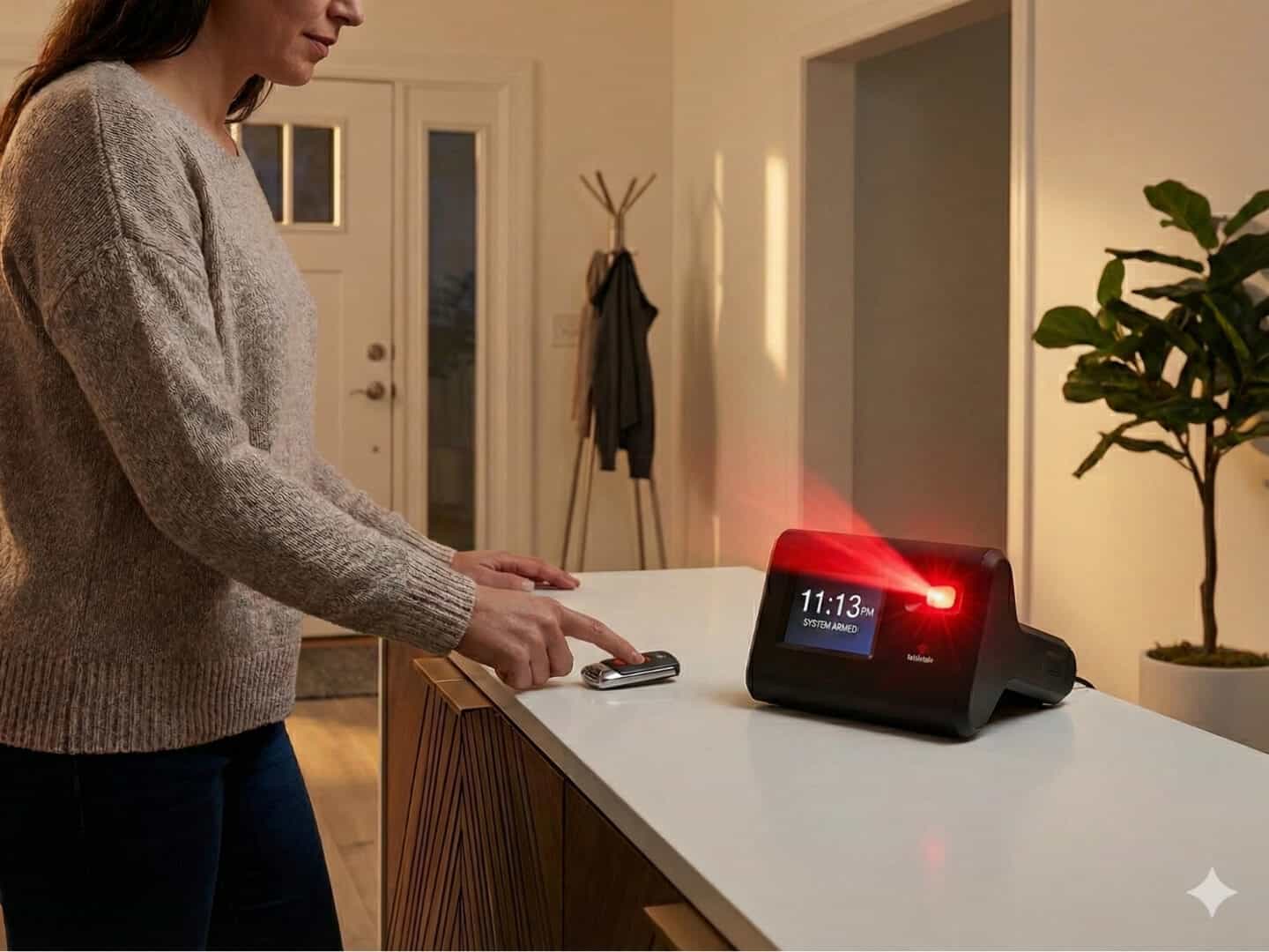 Homeowner using a portable home security system inside a modern living space, illustrating flexible protection for renters, homeowners, and travelers