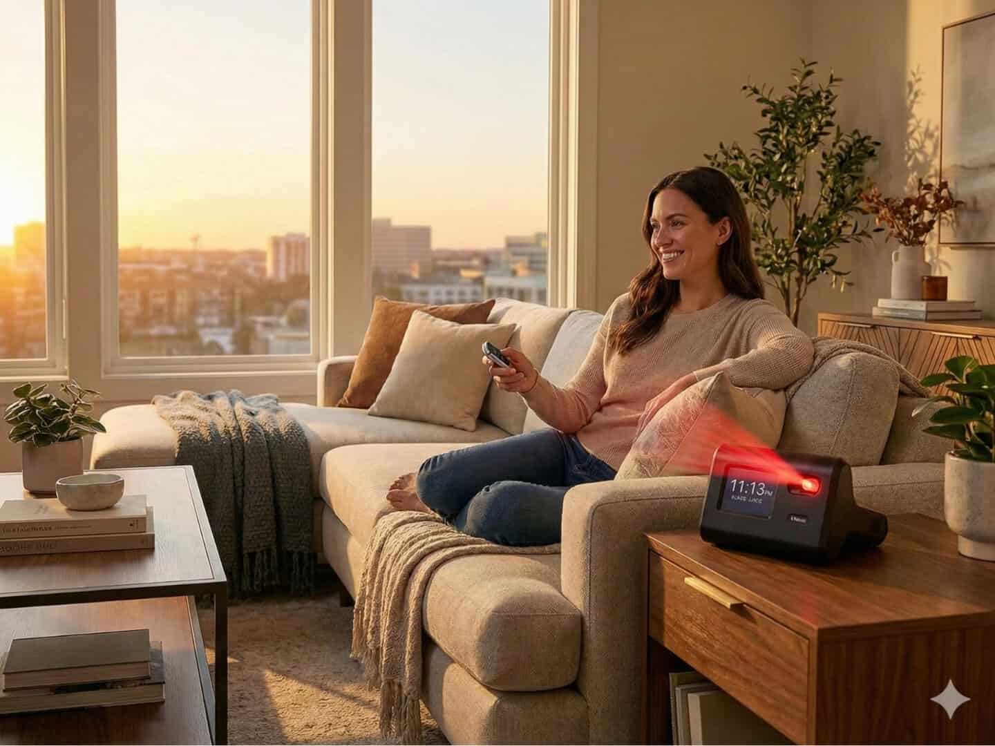 Woman using a portable home security system in her apartment living room, with no wiring or drilling and a city view in the background