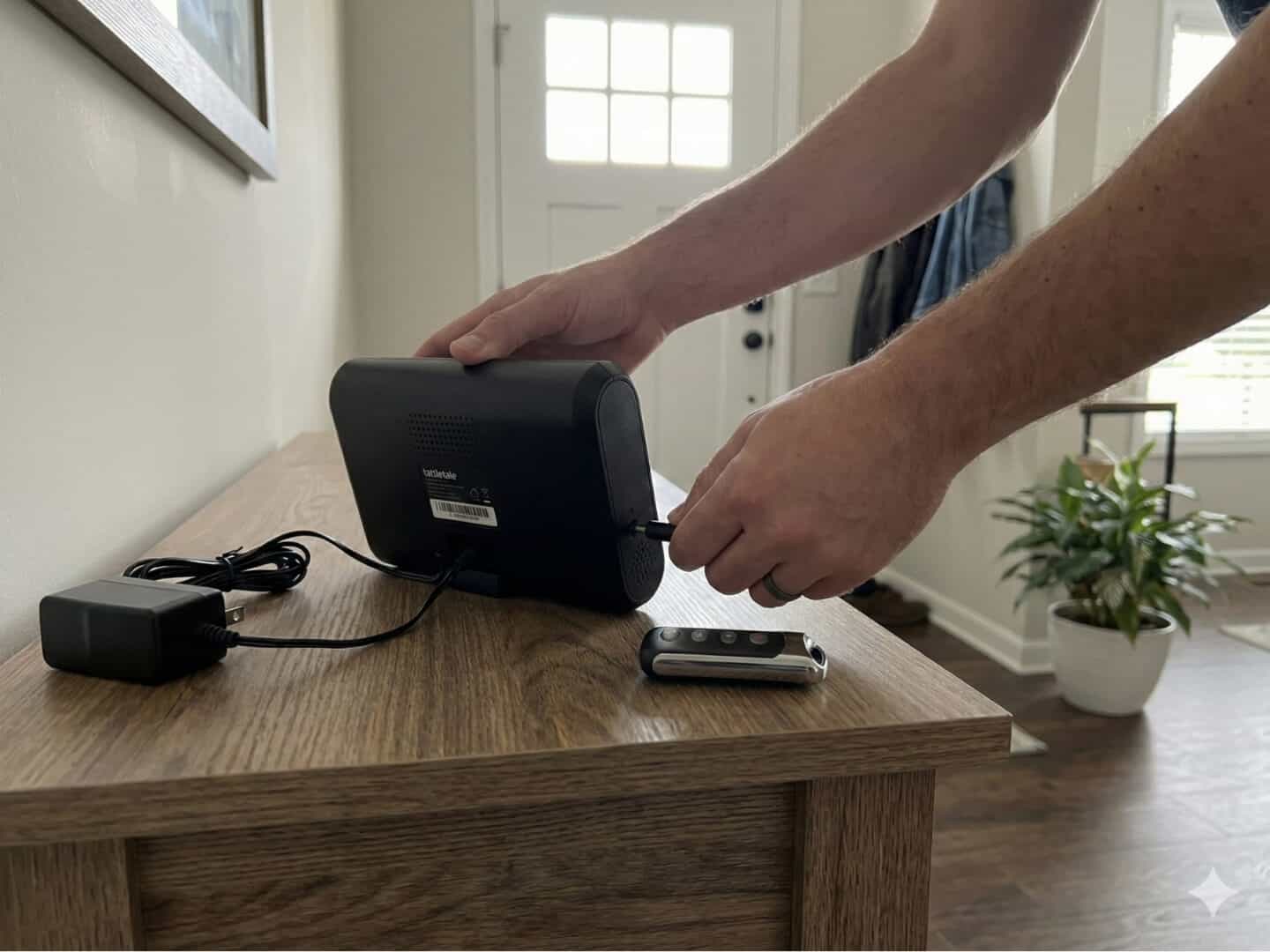Renter plugging in a tattletale HOME base station on an entry table