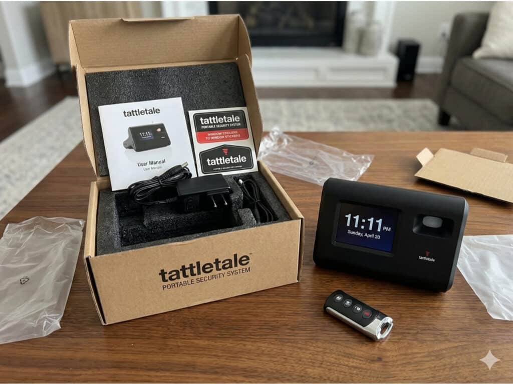 Unboxed portable home security system on a living room table, showing control panel, sensors, and remote with no wiring or installation required